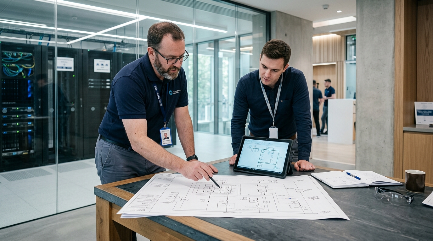 Engineers reviewing data centre schematics (illustrative)