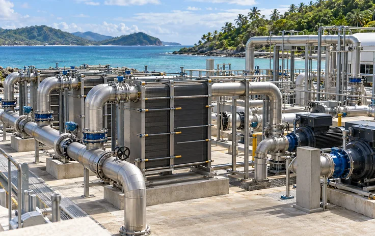 Industrial seawater cooling infrastructure with pipes and heat-exchange equipment